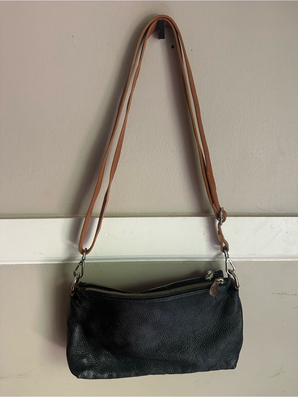 Valentina Black Genuine Leather Crossbody with Tan Strap